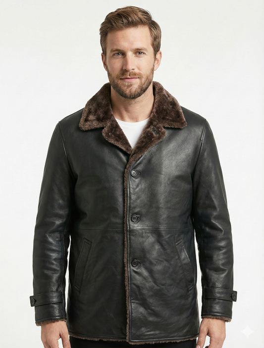 Men's Shearling Leather 3/4 Length Black Coat — front view | Majestic Leather UK