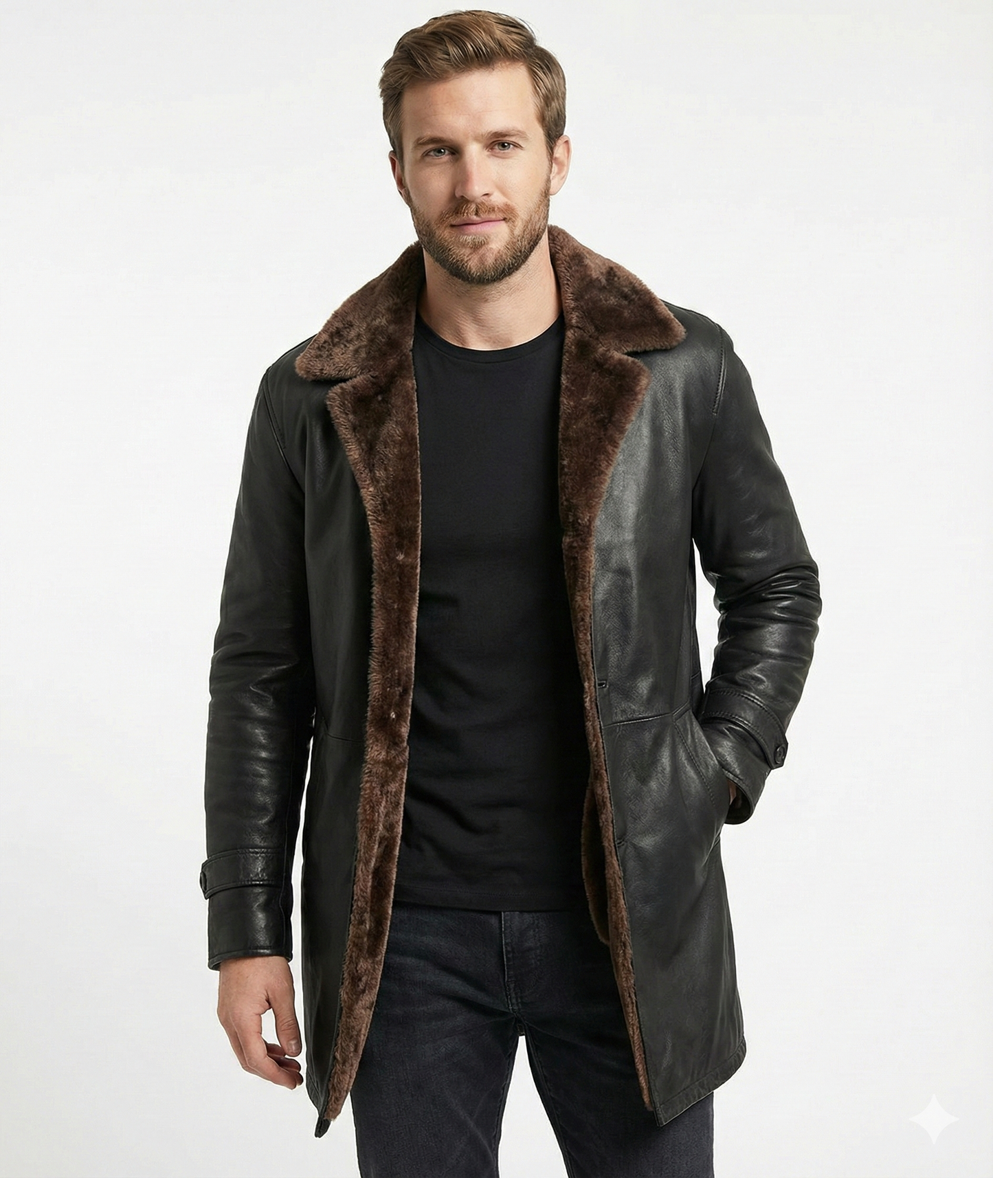 Men's Winter Real Leather Coat 3/4 Length with Artificial Shearling - Button Up Leather Coat — back view | Majestic Leather U
