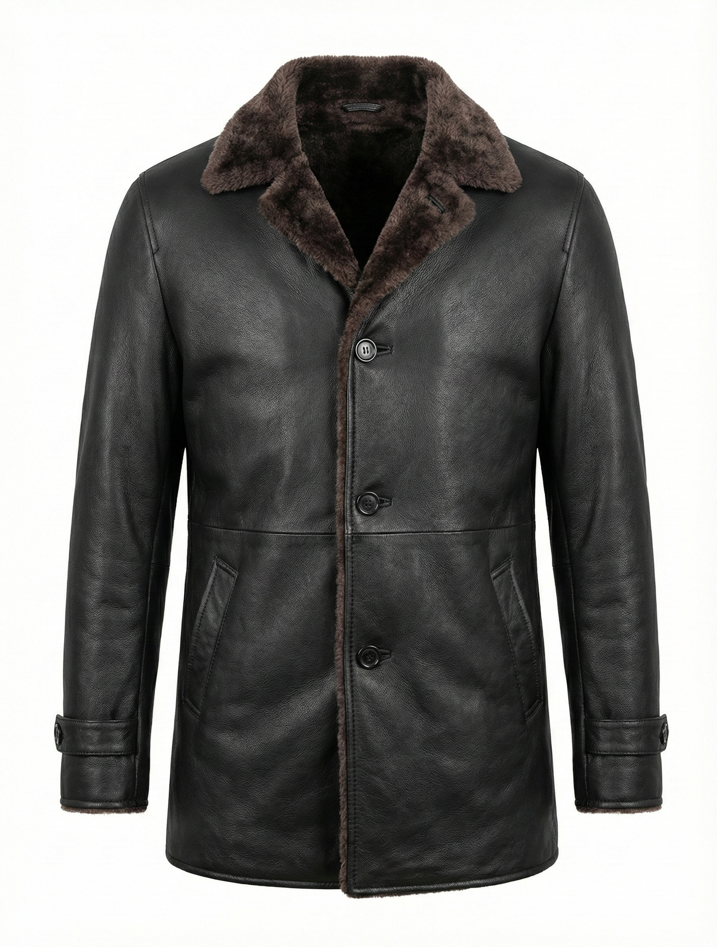 Men's Winter Real Leather Coat 3/4 Length with Artificial Shearling - Button Up Leather Coat — side profile | Majestic Leathe