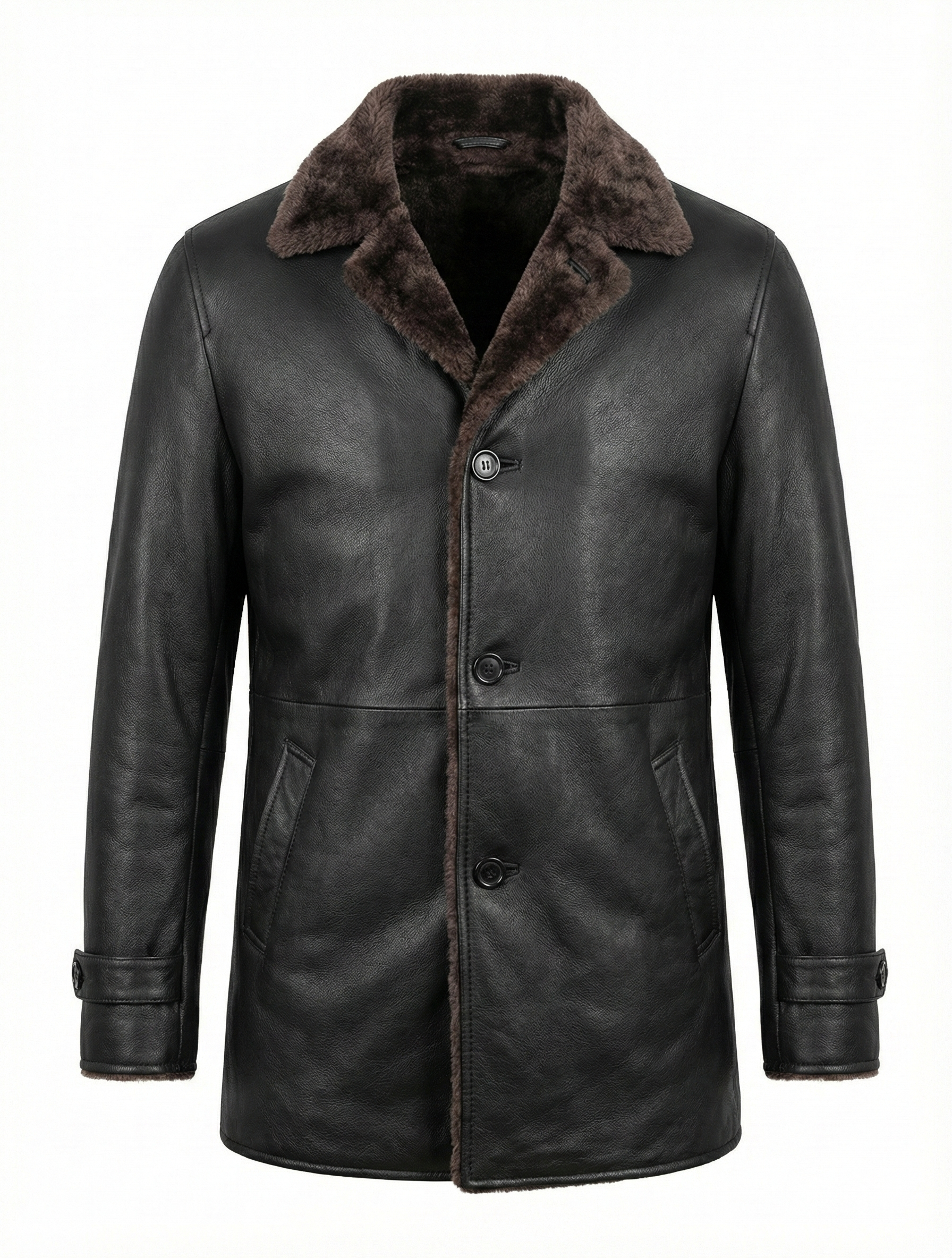 Men's Winter Real Leather Coat 3/4 Length with Artificial Shearling - Button Up Leather Coat — side profile | Majestic Leathe