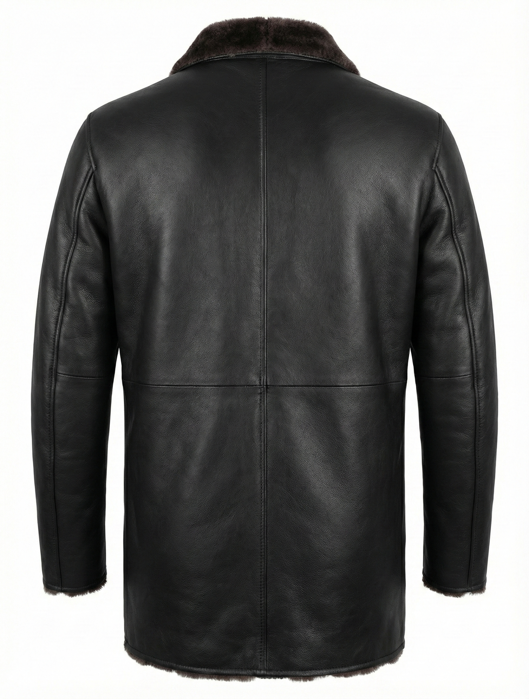 Men's Winter Real Leather Coat 3/4 Length with Artificial Shearling - Button Up Leather Coat — collar detail | Majestic Leath