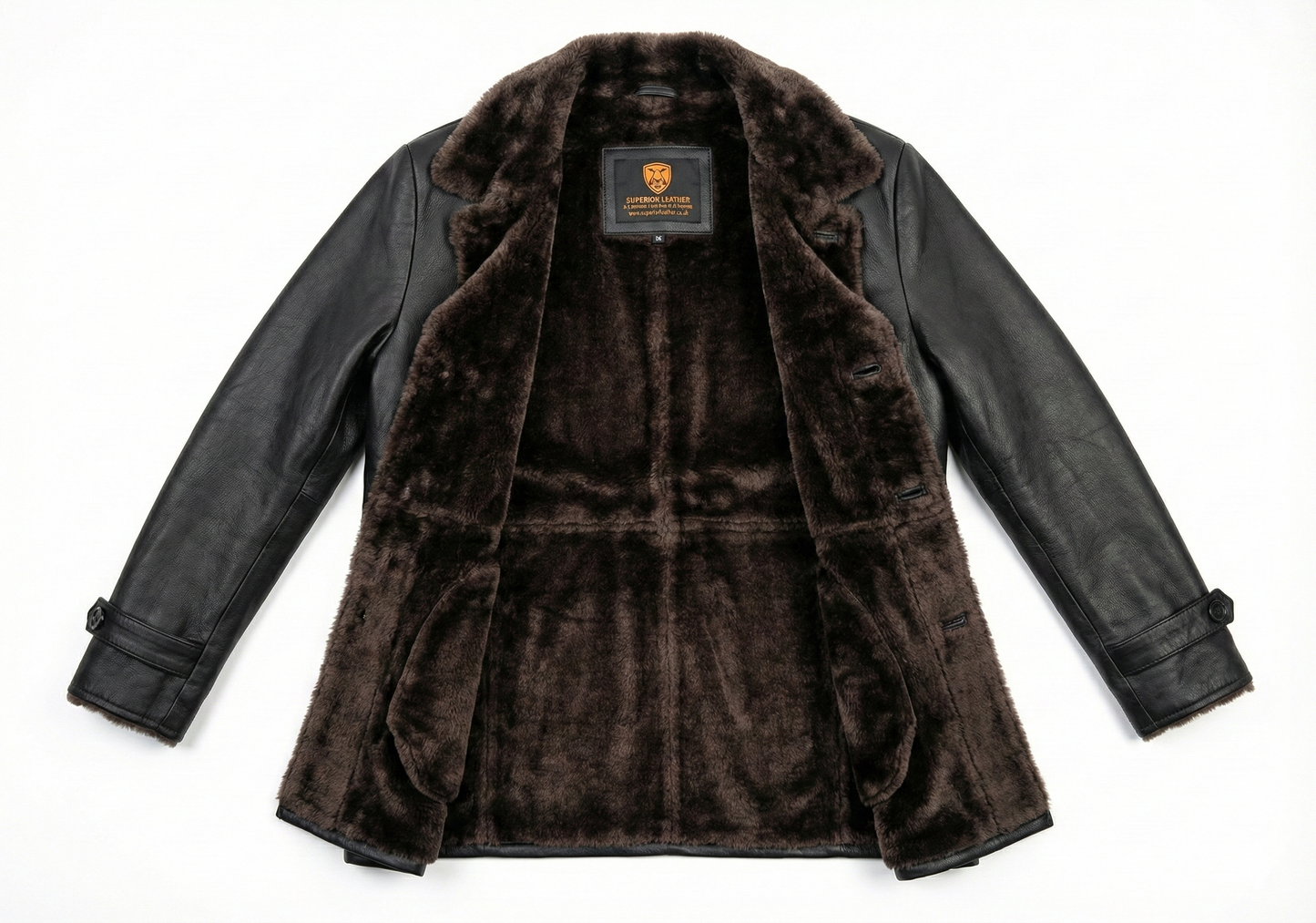 Men's Winter Real Leather Coat 3/4 Length with Artificial Shearling - Button Up Leather Coat — interior lining | Majestic Lea