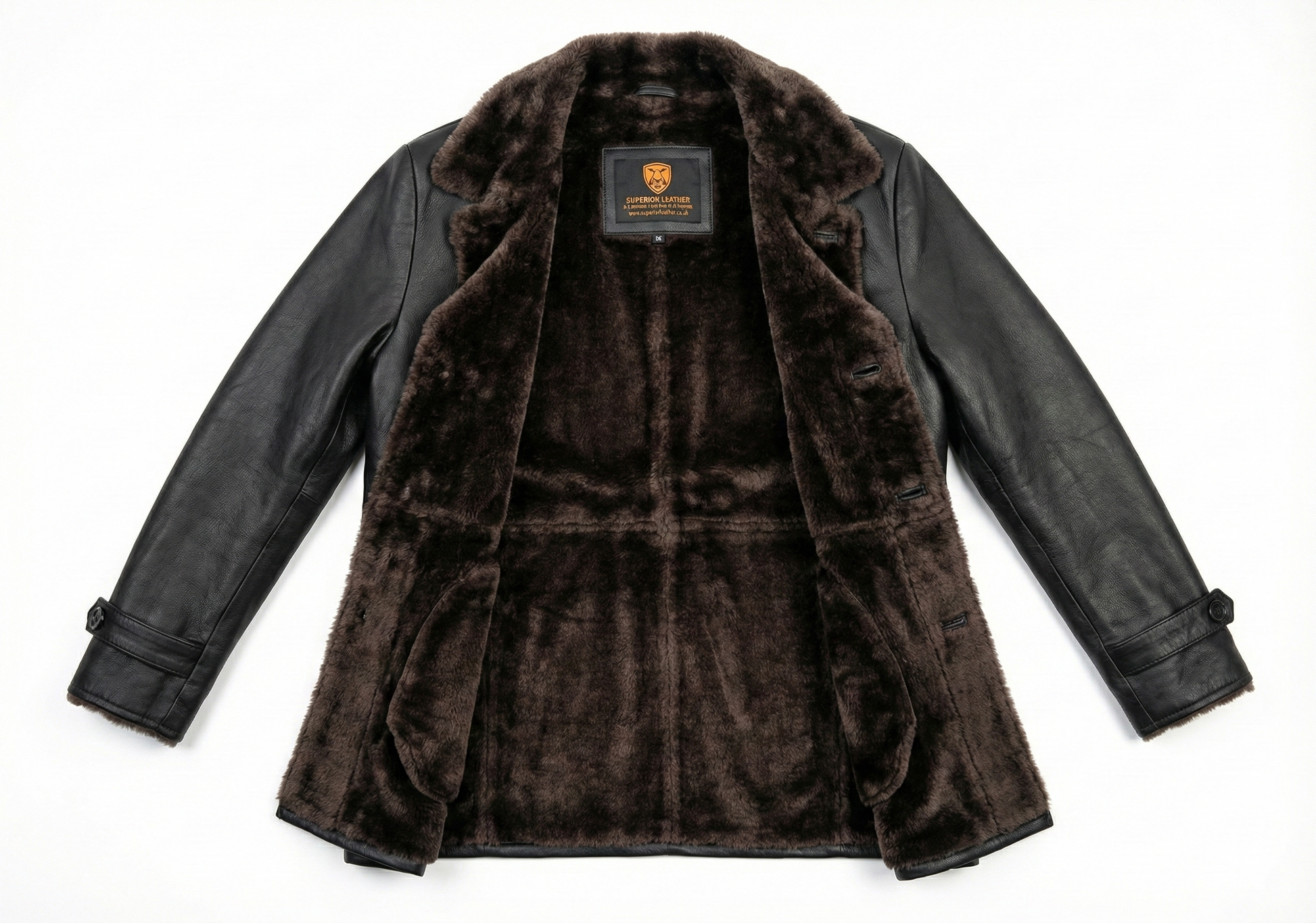 Men's Winter Real Leather Coat 3/4 Length with Artificial Shearling - Button Up Leather Coat — interior lining | Majestic Lea