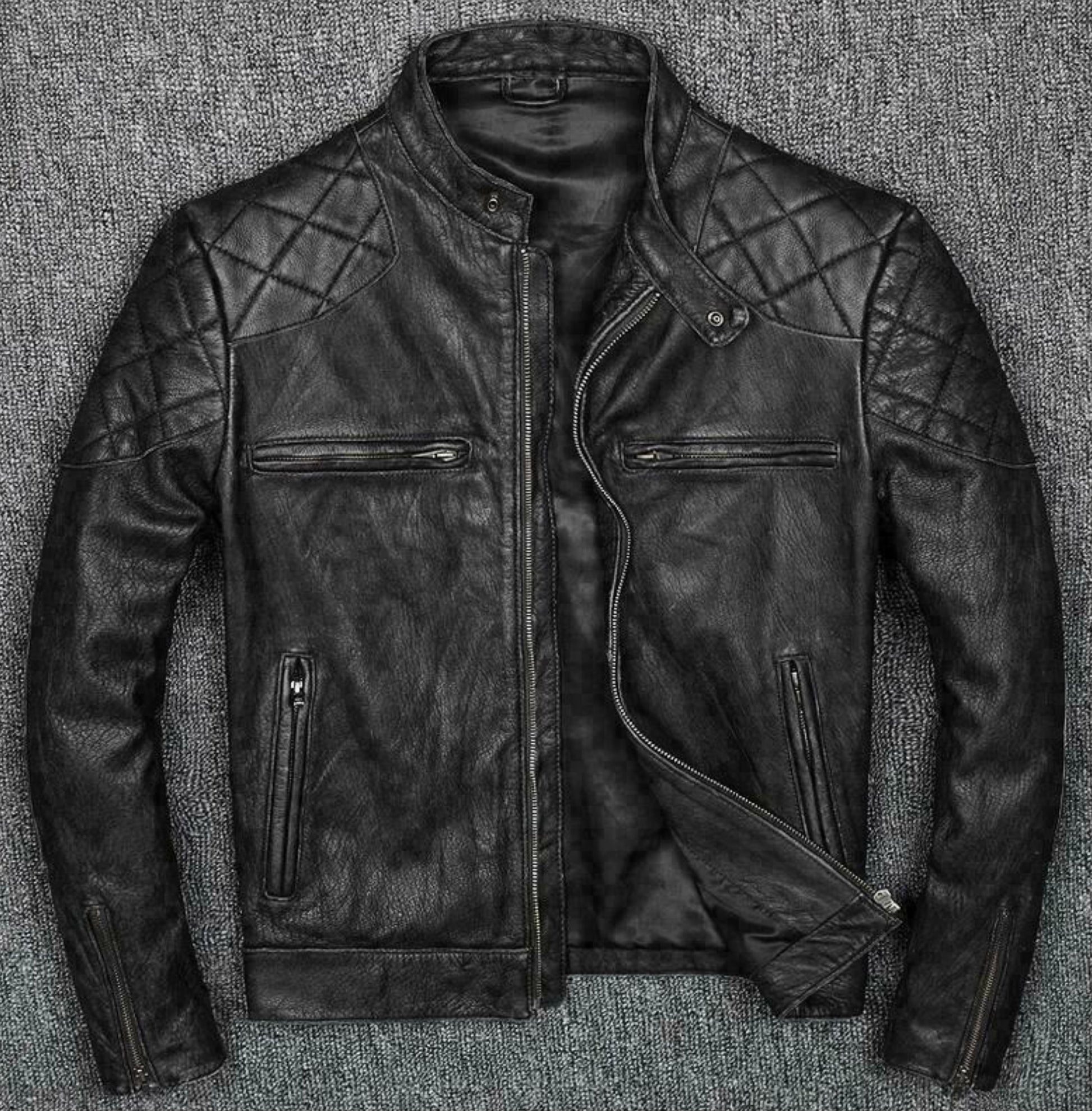 Men's Biker Vintage Cafe Racer Distressed Black Leather Jacket | Majestic Leather — side profile | Majestic Leather UK