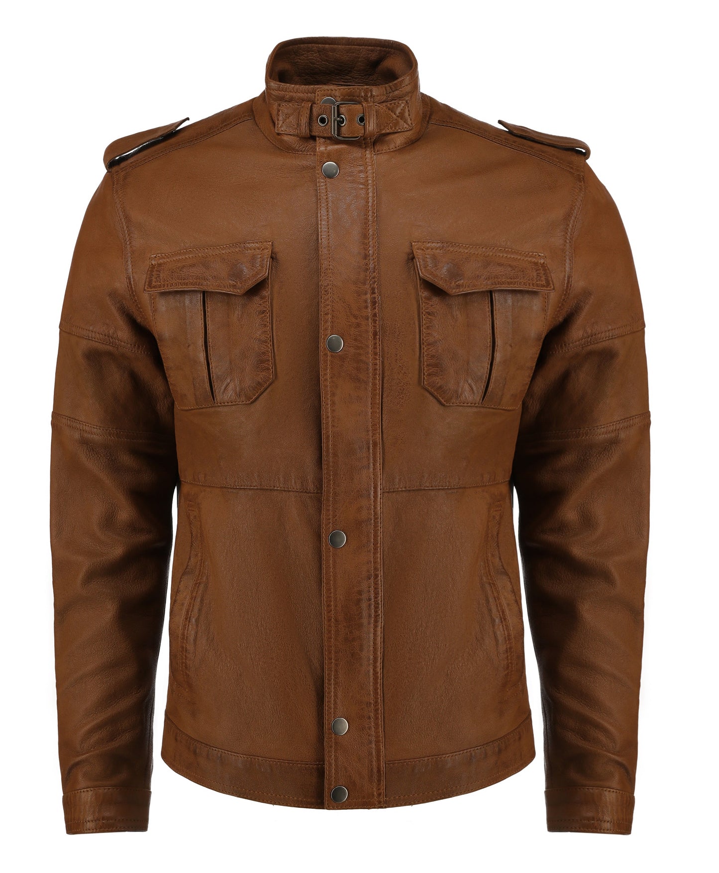 Mens Cafe Racer Camel Brown Real Leather Jacket | Majestic Leather — front view | Majestic Leather UK