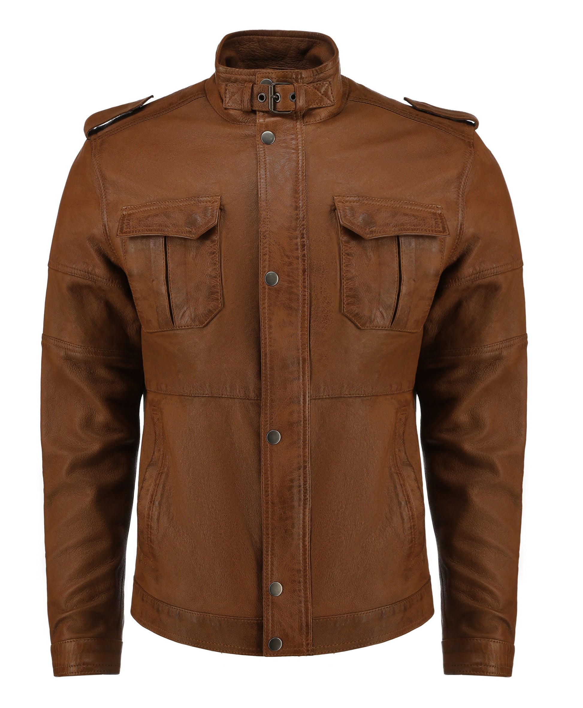 Mens Cafe Racer Camel Brown Real Leather Jacket | Majestic Leather — front view | Majestic Leather UK