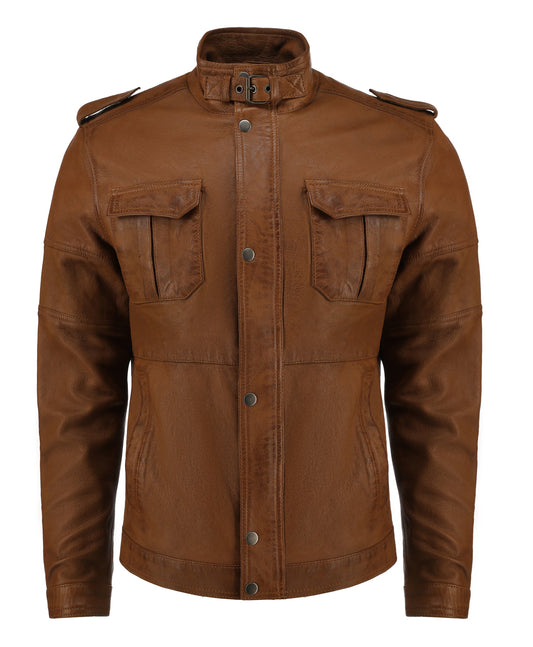 Mens Cafe Racer Camel Brown Real Leather Jacket | Majestic Leather — front view | Majestic Leather UK