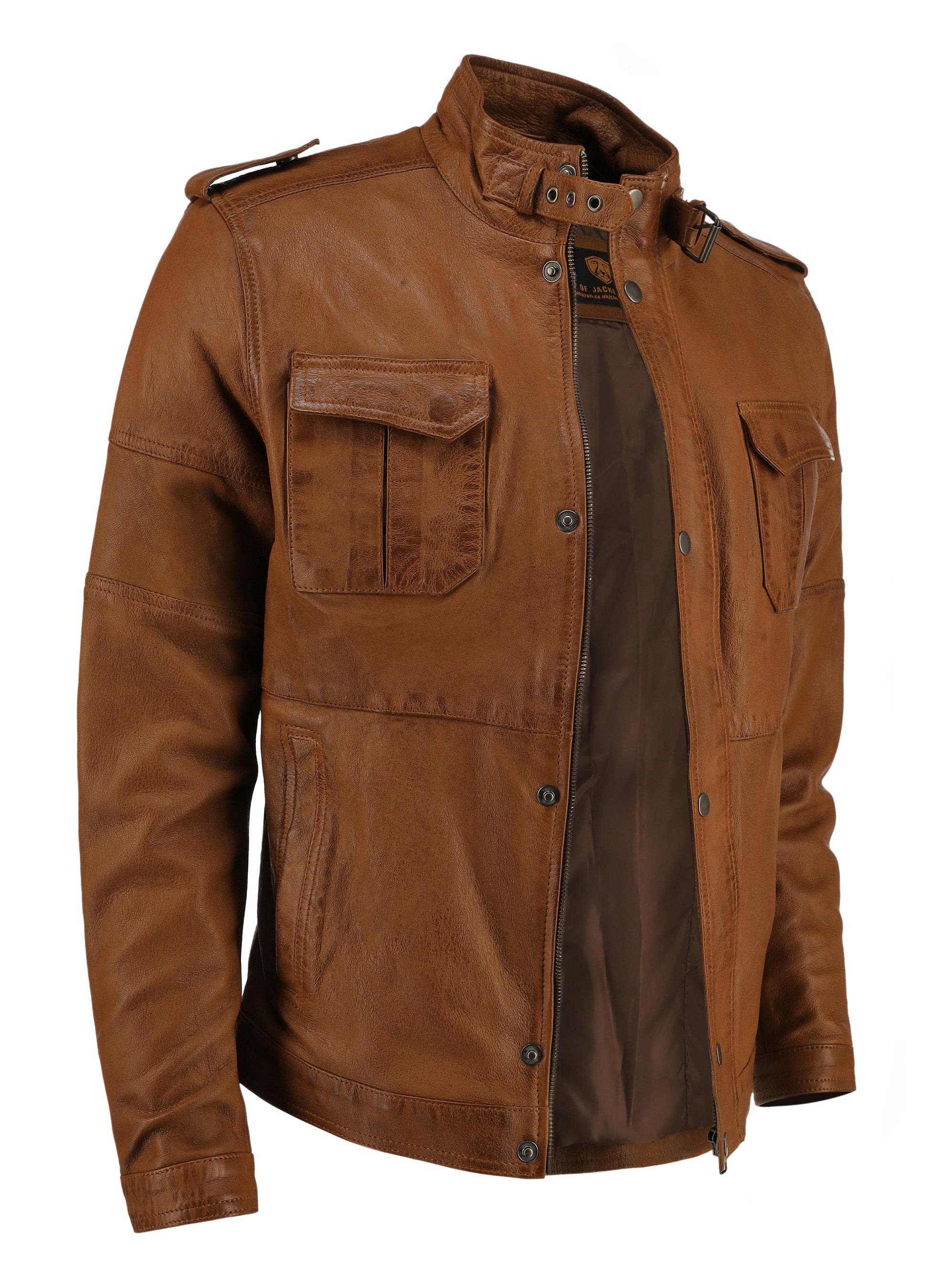 Mens Cafe Racer Camel Brown Real Leather Jacket | Majestic Leather — side profile | Majestic Leather UK