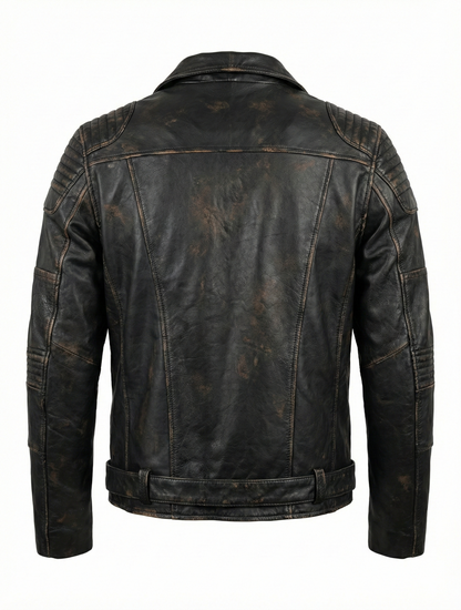 Men's Biker Cafe Racer Distress Black Leather Jacket Style-1158 — back view | Majestic Leather UK