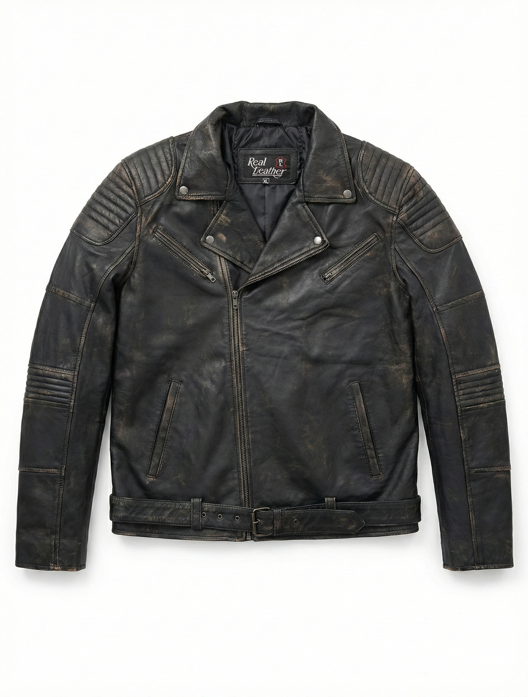 Men's Biker Cafe Racer Distress Black Leather Jacket Style-1158 — side profile | Majestic Leather UK