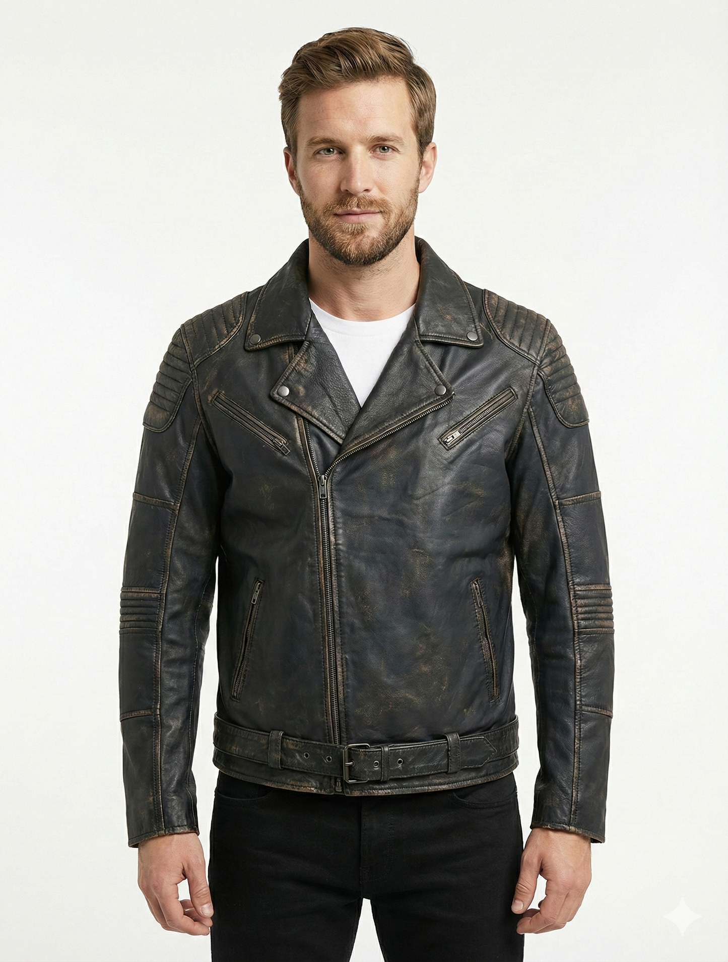 Men's Biker Cafe Racer Distress Black Leather Jacket Style-1158 — front view | Majestic Leather UK