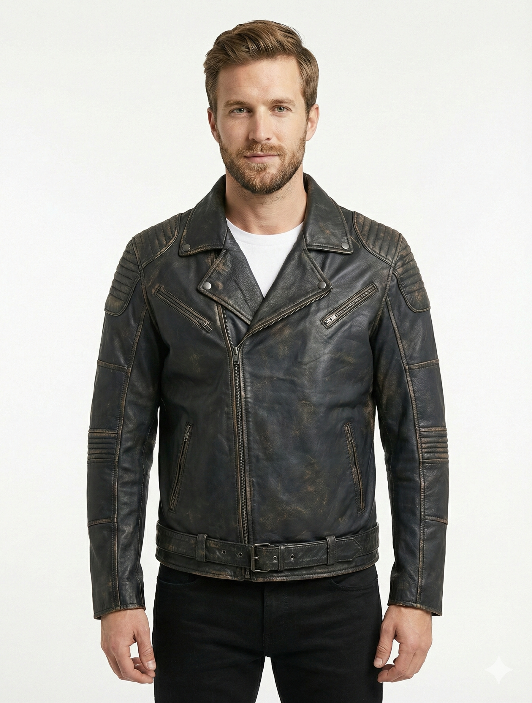 Men's Biker Cafe Racer Distress Black Leather Jacket Style-1158 — front view | Majestic Leather UK