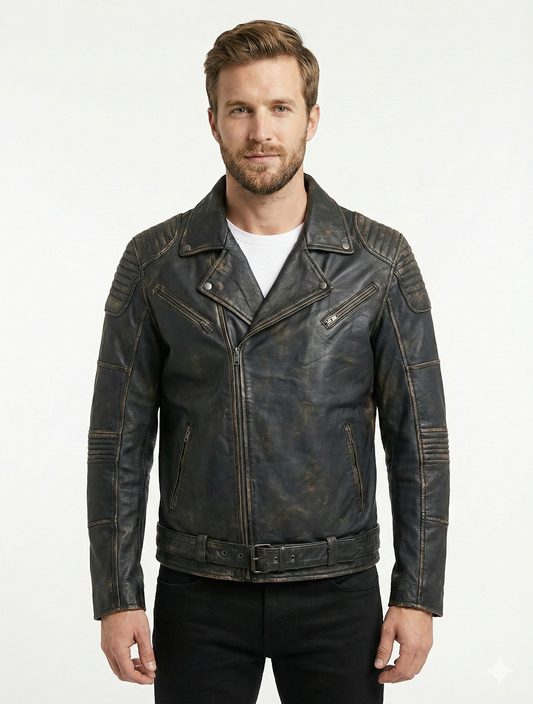 Men's Biker Cafe Racer Distress Black Leather Jacket Style-1158 — front view | Majestic Leather UK