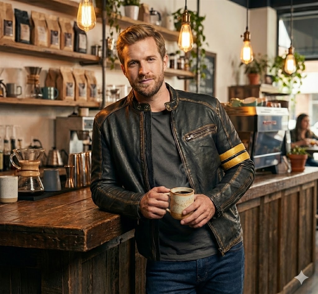 Biker Vintage Cafe Racer Distressed Black Leather Jacket Style - 789 — back view | Majestic Leather UK