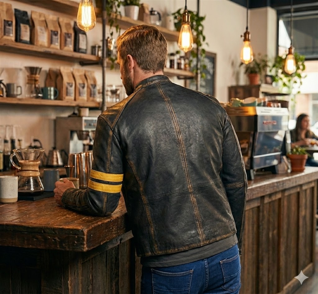 Biker Vintage Cafe Racer Distressed Black Leather Jacket Style - 789 — side profile | Majestic Leather UK