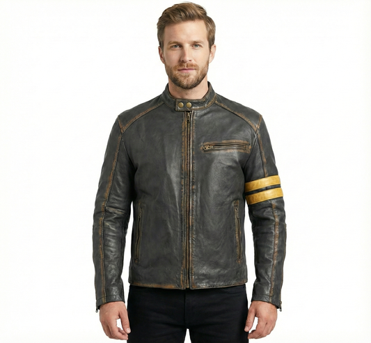 Biker Vintage Cafe Racer Distressed Black Leather Jacket Style - 789 — front view | Majestic Leather UK