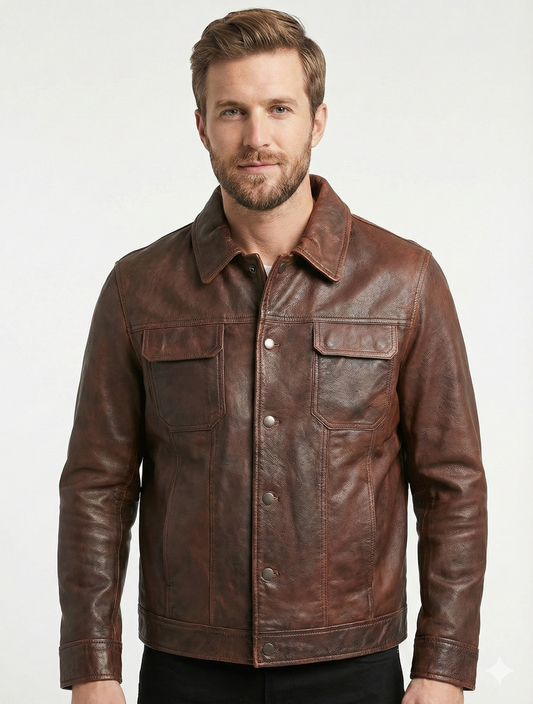 Men's Persian Biker Cafe Racer Brown Cowhide Leather Jacket — front view | Majestic Leather UK