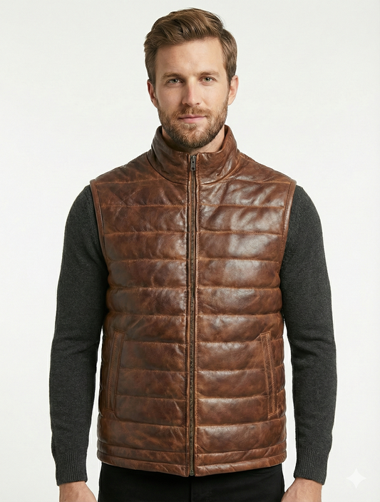 Men’s Real Lambskin Leather Sleeveless Puffer Vest Style-1183 | Majestic Leather — front view | Majestic Leather UK