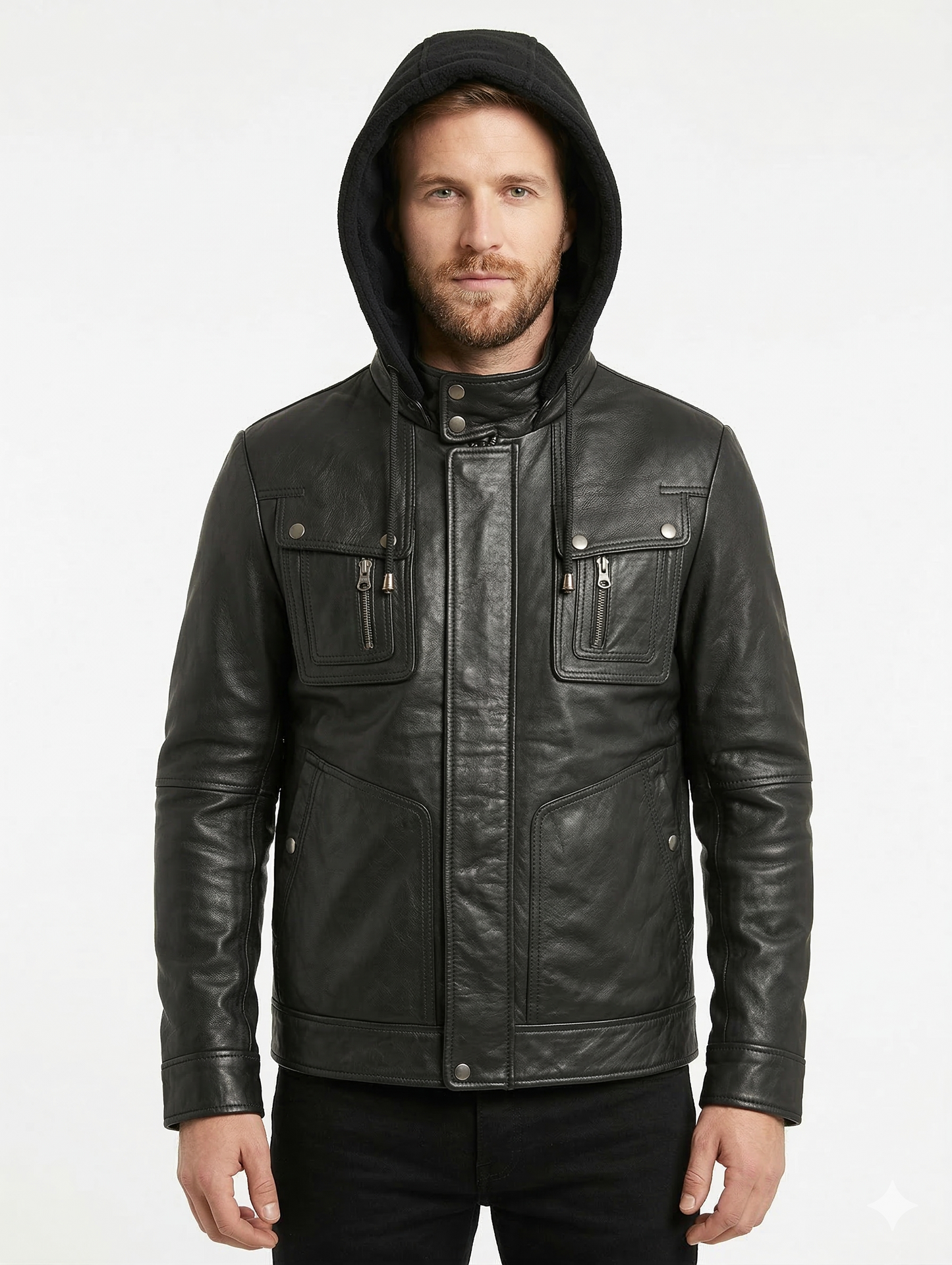Biker Hooded Lambskin Leather Jacket Style - 132 | Majestic Leather — front view | Majestic Leather UK
