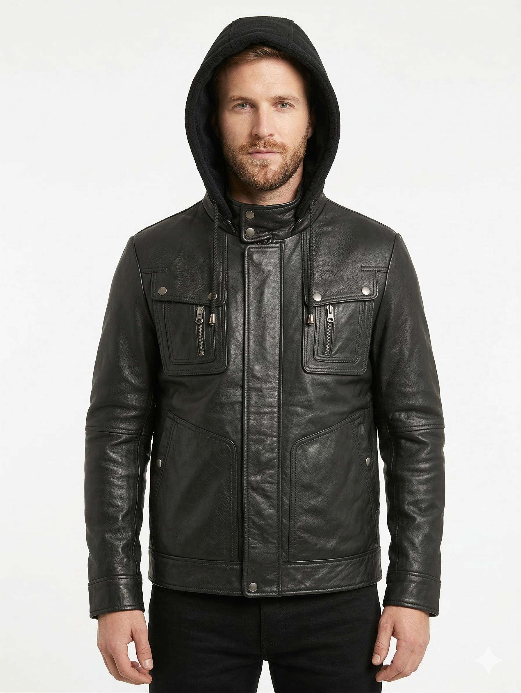 Biker Hooded Lambskin Leather Jacket Style - 132 | Majestic Leather — front view | Majestic Leather UK