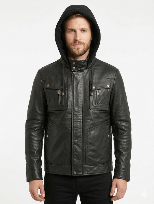 Biker Hooded Lambskin Leather Jacket Style - 132 | Majestic Leather — front view | Majestic Leather UK