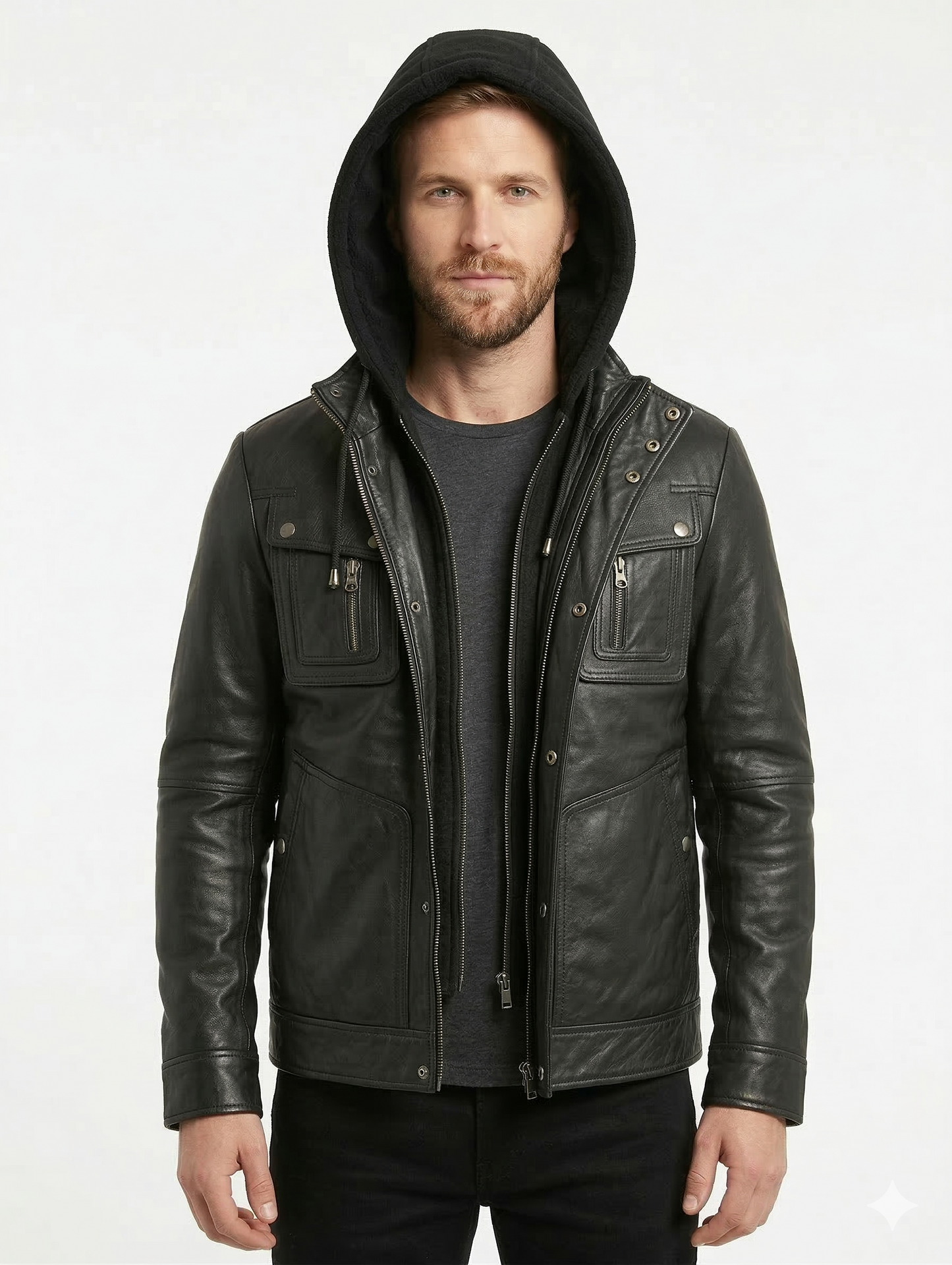 Biker Hooded Lambskin Leather Jacket Style - 132 | Majestic Leather — back view | Majestic Leather UK