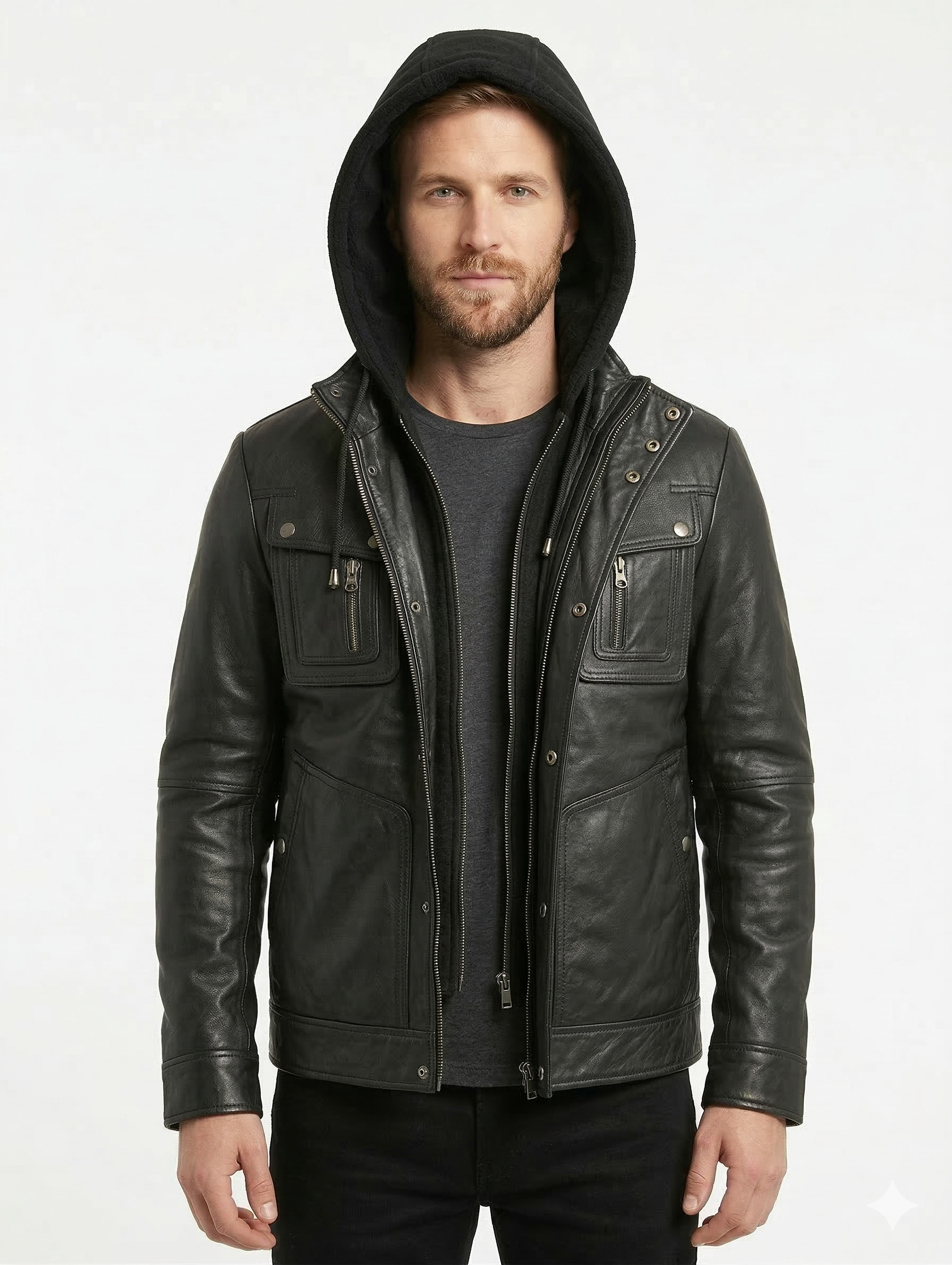 Biker Hooded Lambskin Leather Jacket Style - 132 | Majestic Leather — back view | Majestic Leather UK