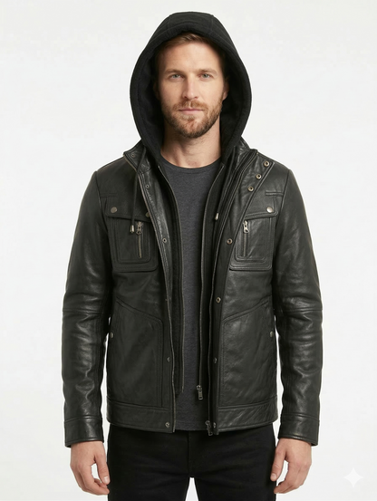 Biker Hooded Lambskin Leather Jacket Style - 132 | Majestic Leather — back view | Majestic Leather UK