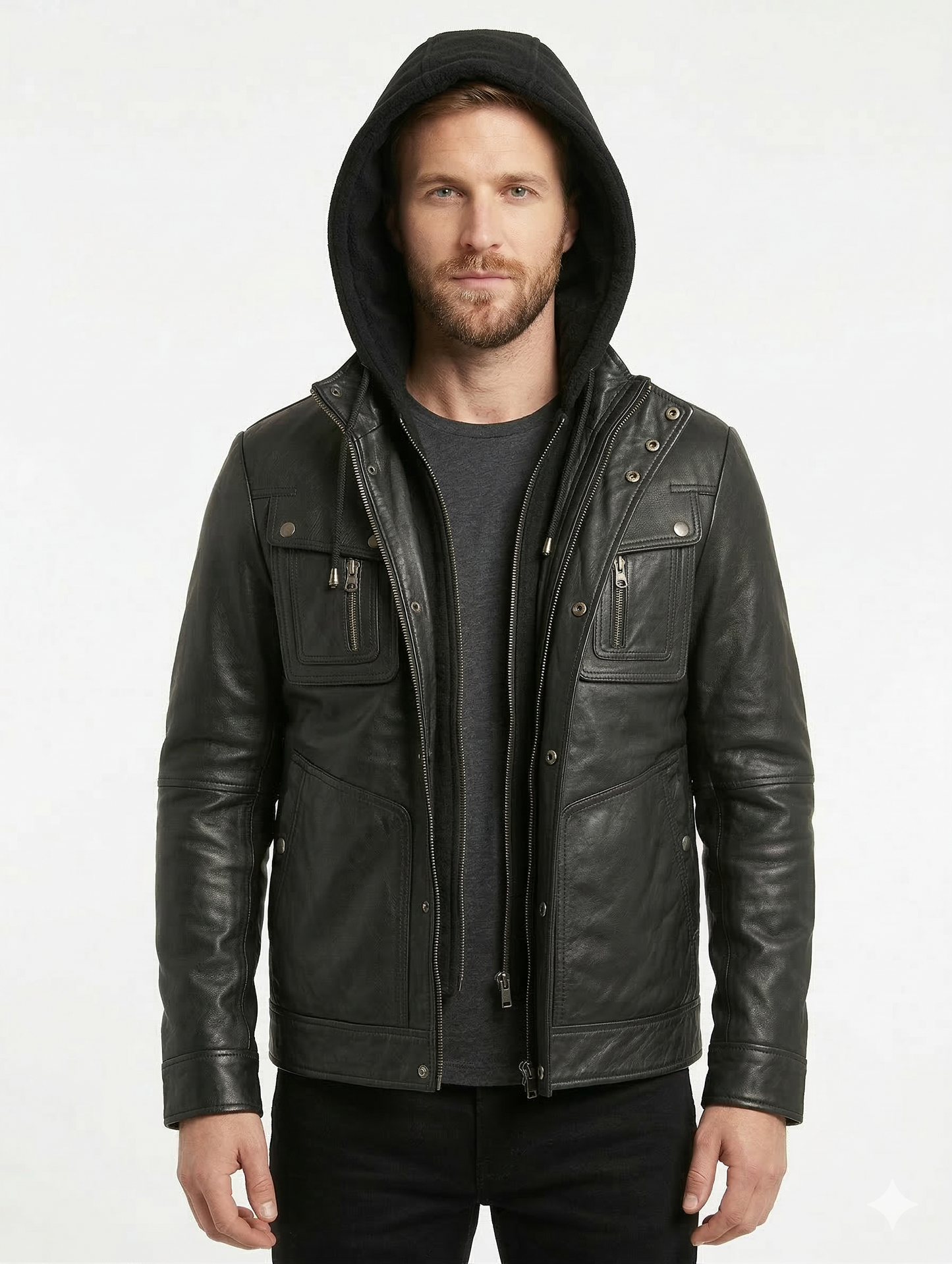 Biker Hooded Lambskin Leather Jacket Style - 132 | Majestic Leather — side profile | Majestic Leather UK