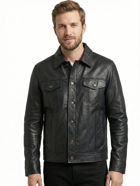 Men's Rock and Roll Black Real Leather Jacket - 776 | Majestic Leather — front view | Majestic Leather UK