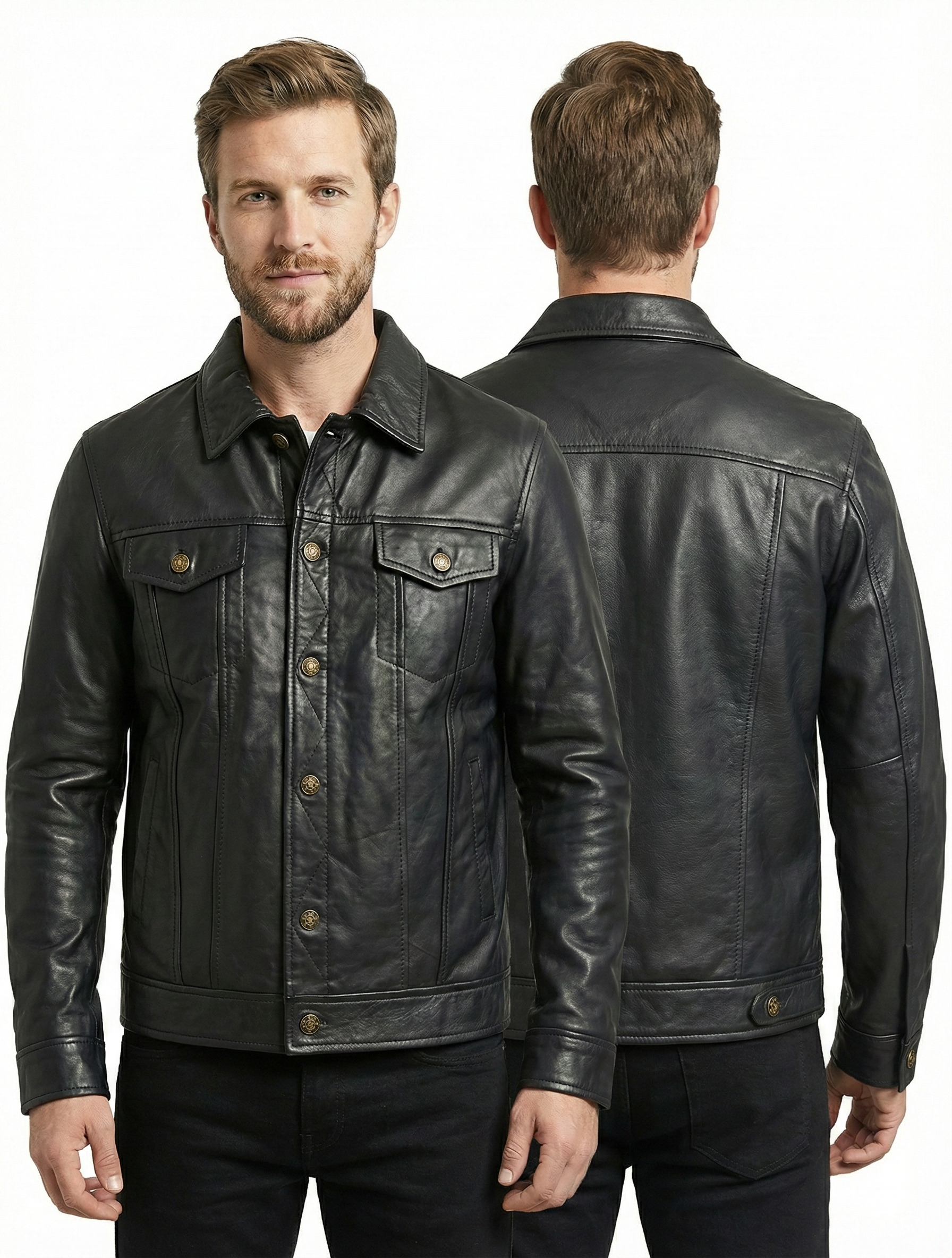 Men's Rock and Roll Black Real Leather Jacket - 776 | Majestic Leather — back view | Majestic Leather UK