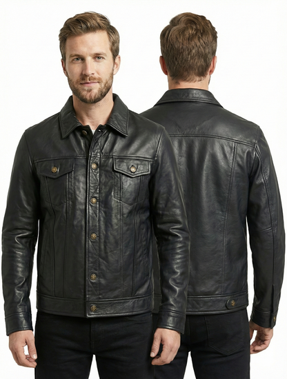Men's Rock and Roll Black Real Leather Jacket - 776 | Majestic Leather — back view | Majestic Leather UK