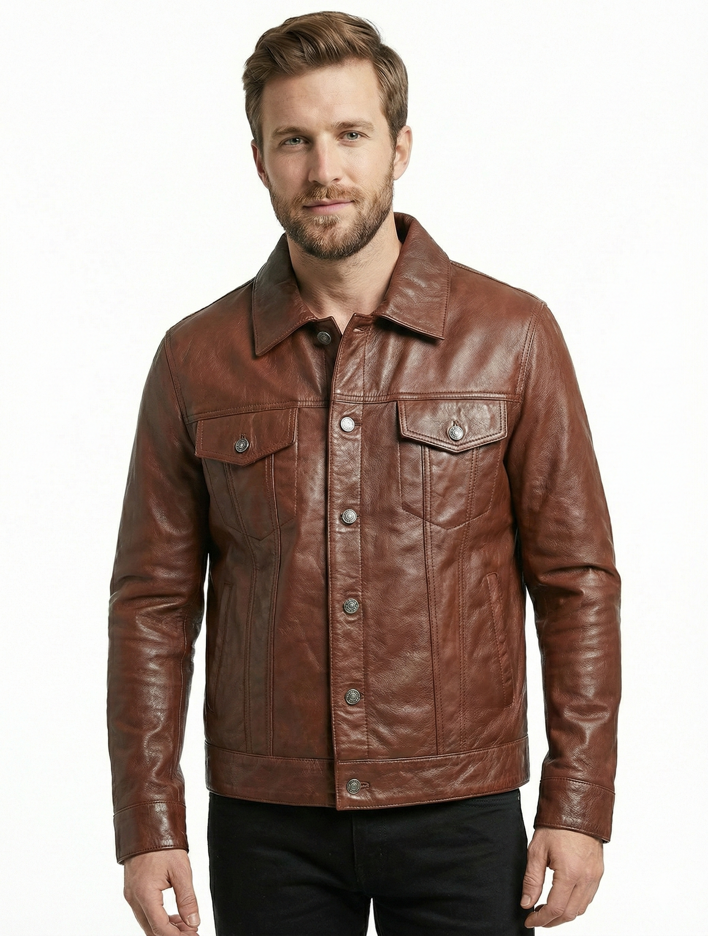 Men’s Real Lambskin Brown Tan Trucker Leather Jacket Style-785 | Majestic Leather — front view | Majestic Leather UK