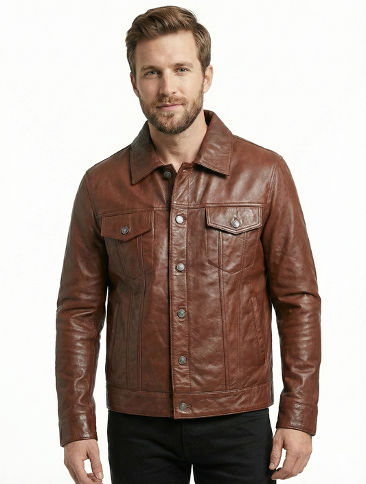 Men’s Real Lambskin Brown Tan Trucker Leather Jacket Style-785 | Majestic Leather — front view | Majestic Leather UK