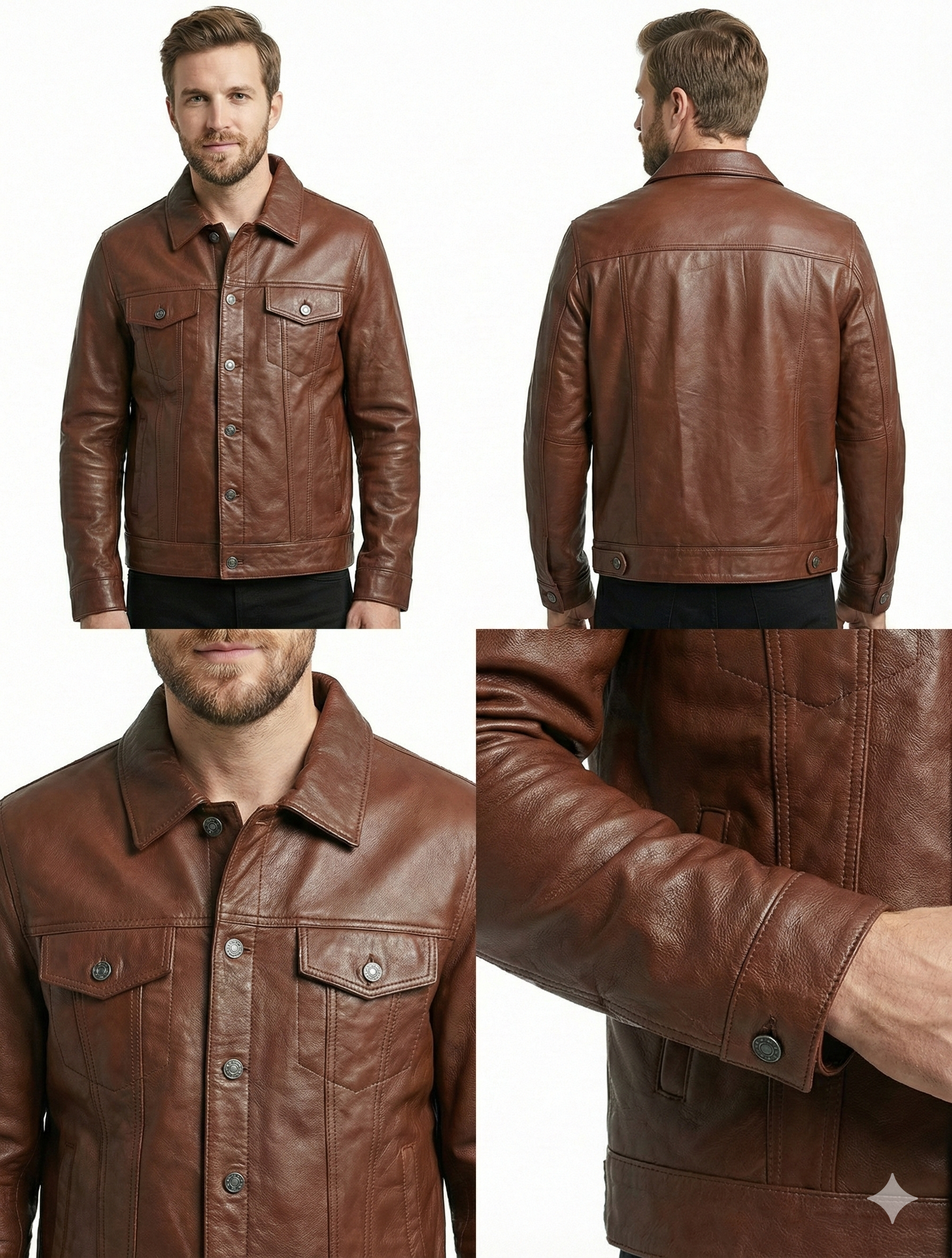 Men’s Real Lambskin Brown Tan Trucker Leather Jacket Style-785 | Majestic Leather — back view | Majestic Leather UK