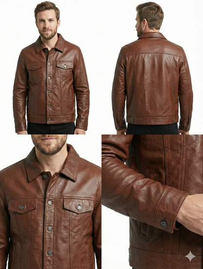 Men’s Real Lambskin Brown Tan Trucker Leather Jacket Style-785 | Majestic Leather — back view | Majestic Leather UK
