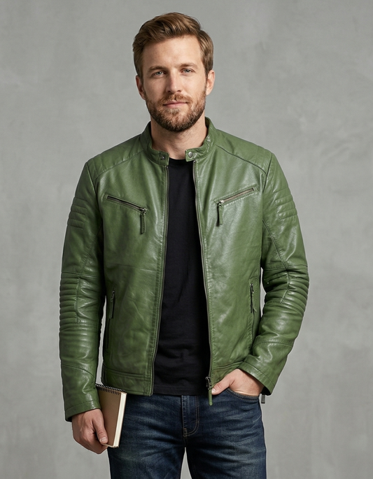 Men's Cafe Racer Biker Leather Jacket Style - 706 | Majestic Leather — front view | Majestic Leather UK