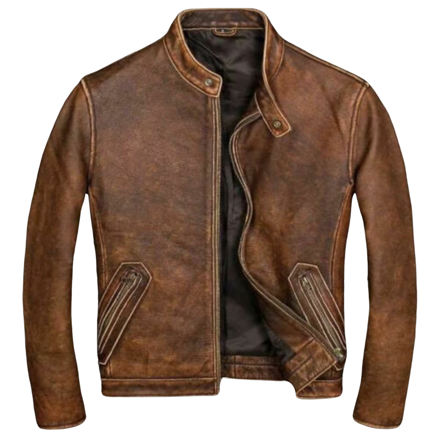 Men's Cafe Racer Distressed Brown Leather Jacket | Majestic Leather — front view | Majestic Leather UK