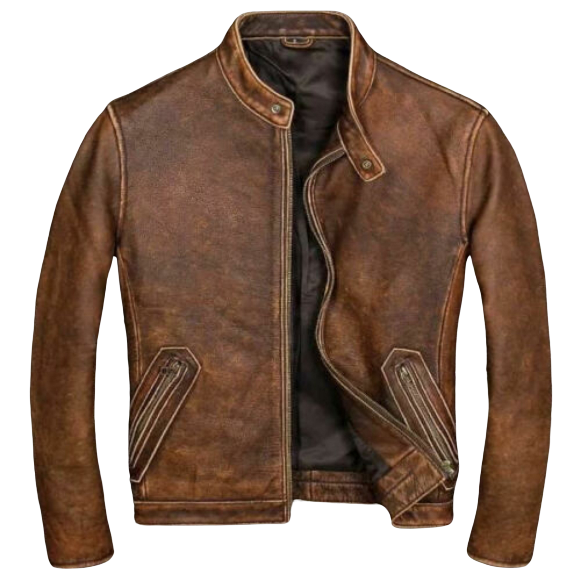 Men's Cafe Racer Distressed Brown Leather Jacket | Majestic Leather — front view | Majestic Leather UK