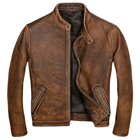 Men's Cafe Racer Distressed Brown Leather Jacket | Majestic Leather — front view | Majestic Leather UK