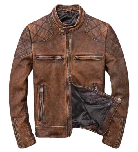 Men's Cafe Racer Vintage Distressed Tan Brown Leather Jacket | Majestic Leather — front view | Majestic Leather UK