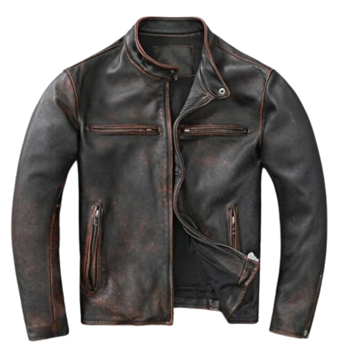 Men's Cafe Racer Distressed Black Leather Jacket | Majestic Leather — front view | Majestic Leather UK