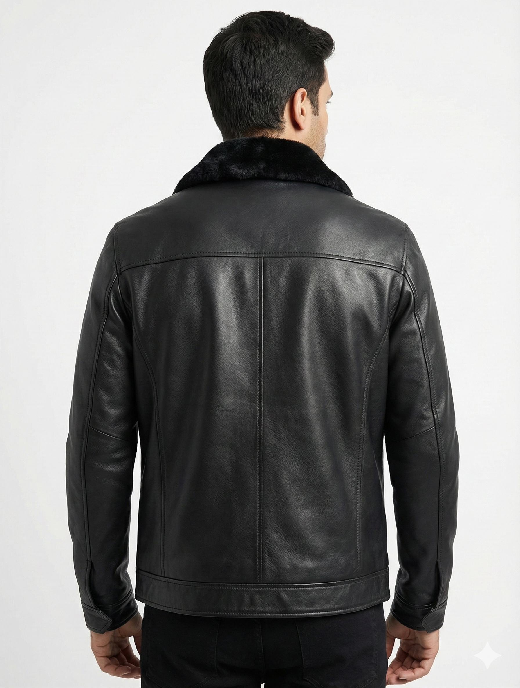 Classic Men’s Real Leather Jacket – Removable Black Fur Collar Zip Coat — side profile | Majestic Leather UK