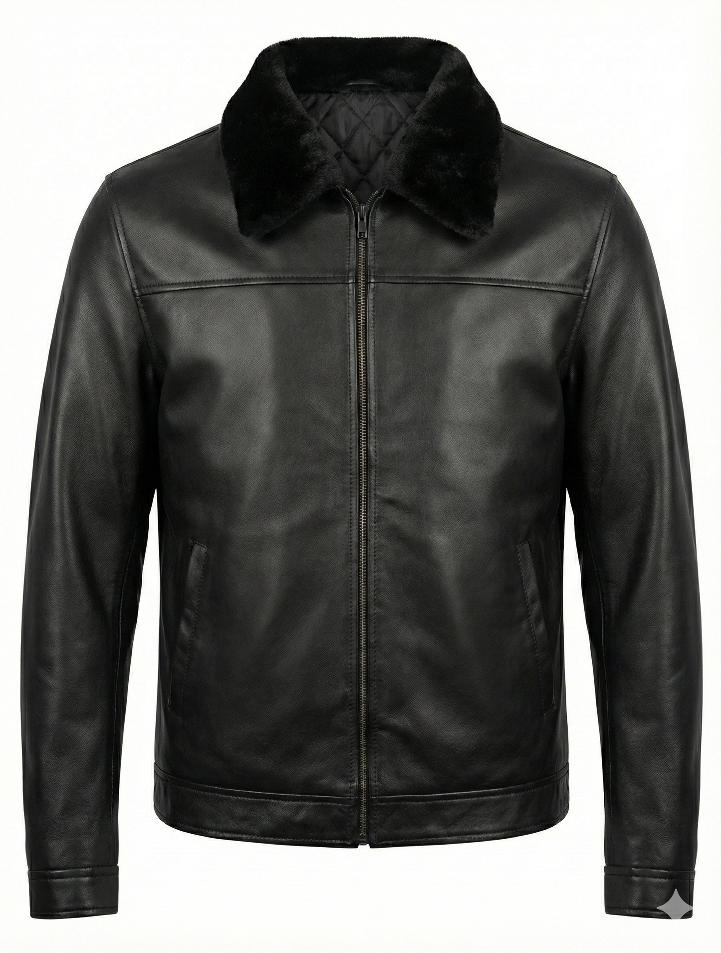 Classic Men’s Real Leather Jacket – Removable Black Fur Collar Zip Coat — back view | Majestic Leather UK