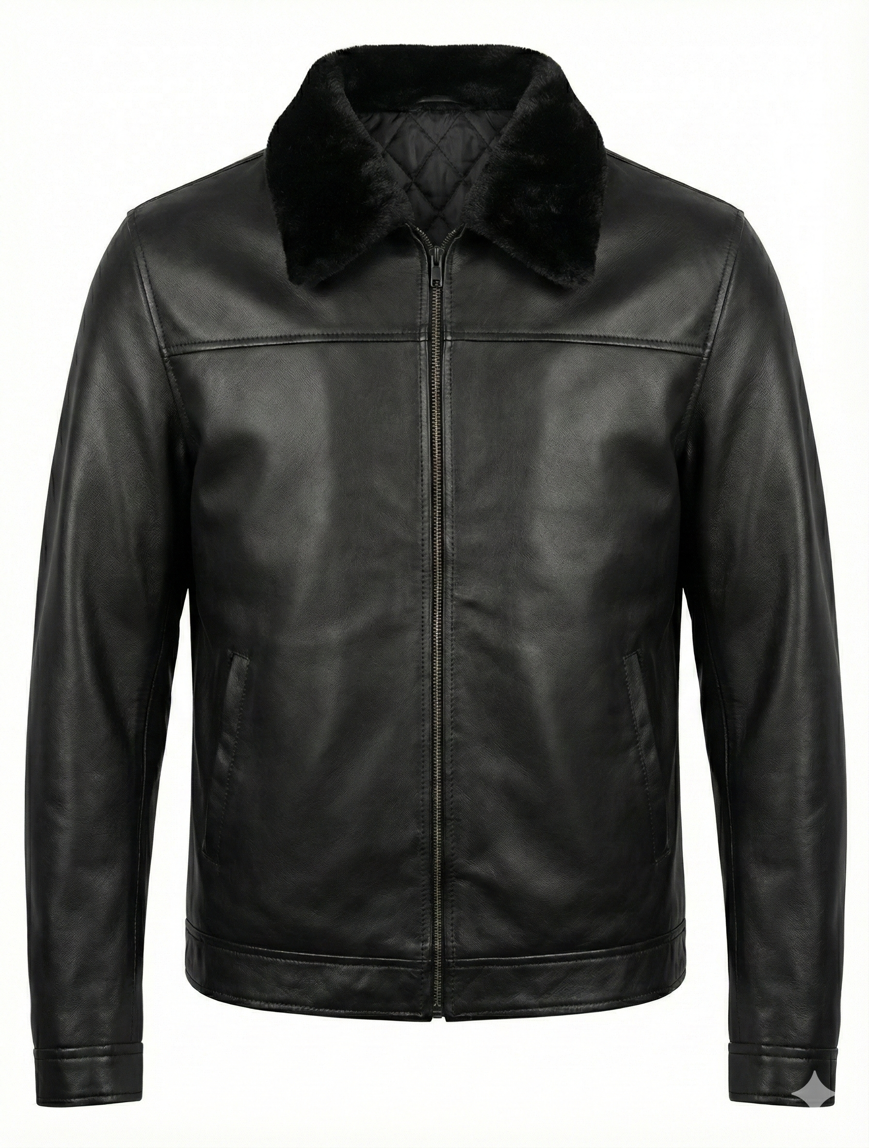 Classic Men’s Real Leather Jacket – Removable Black Fur Collar Zip Coat — back view | Majestic Leather UK