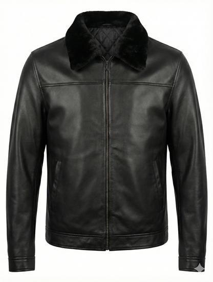 Classic Men’s Real Leather Jacket – Removable Black Fur Collar Zip Coat — back view | Majestic Leather UK