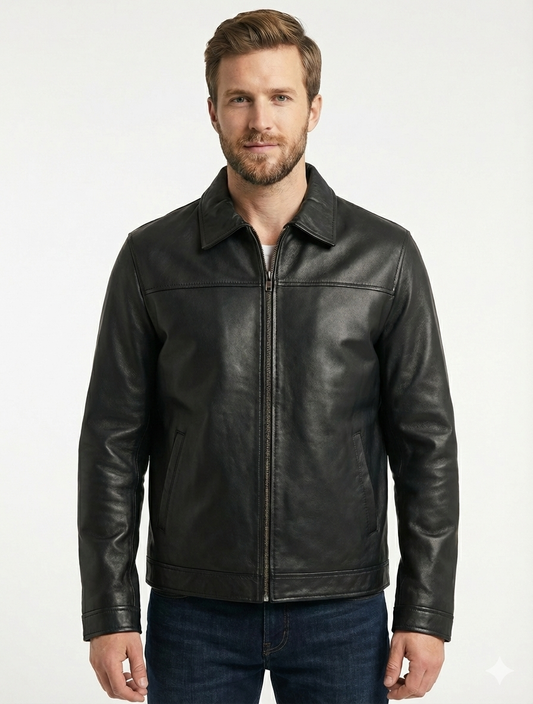 Classic Men’s Real Leather Jacket – Removable Black Fur Collar Zip Coat — front view | Majestic Leather UK