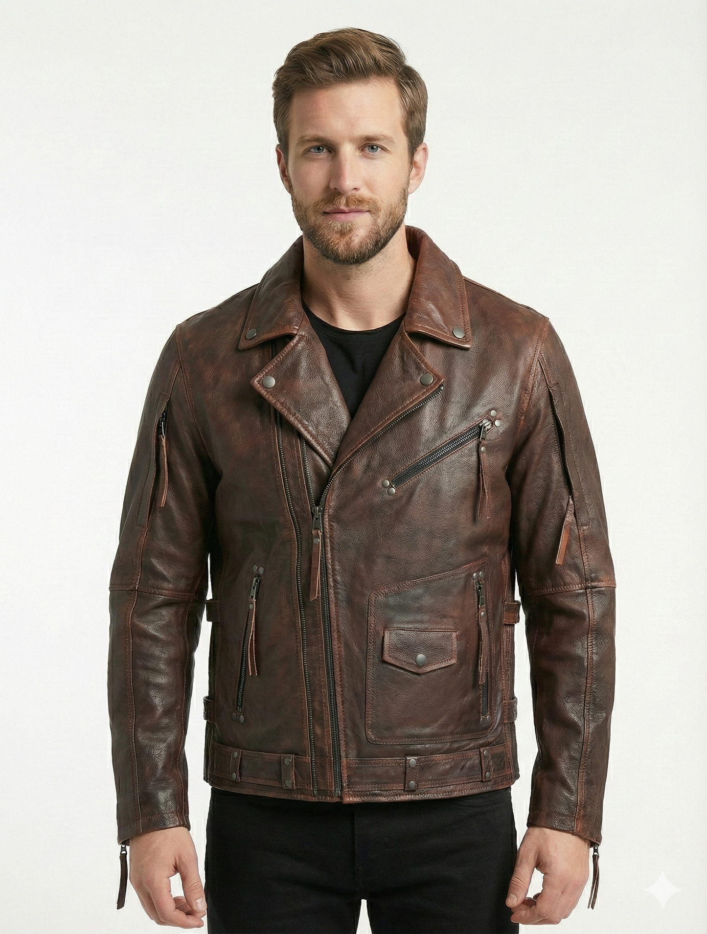 Men’s Black Biker Brando Motorcycle Real Leather Jacket Style - 1032 — front view | Majestic Leather UK