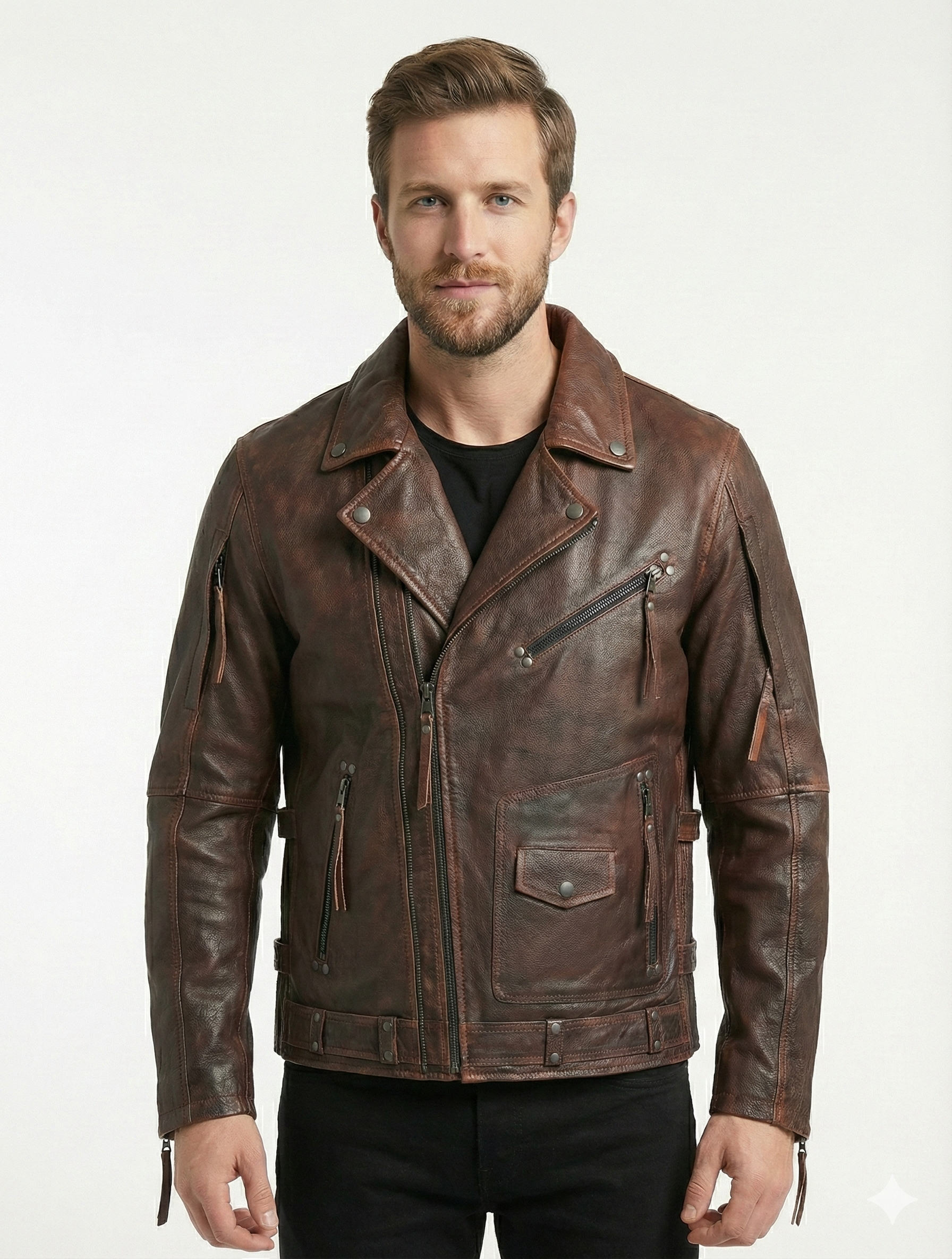 Men’s Black Biker Brando Motorcycle Real Leather Jacket Style - 1032 — front view | Majestic Leather UK