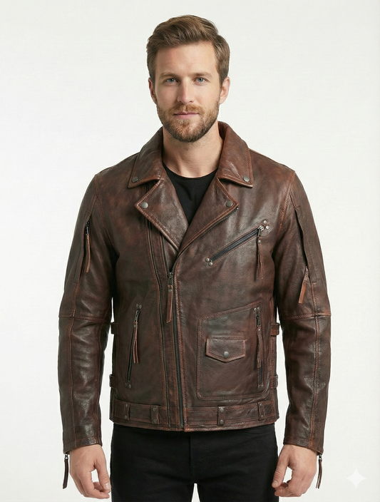 Men’s Black Biker Brando Motorcycle Real Leather Jacket Style - 1032 — front view | Majestic Leather UK